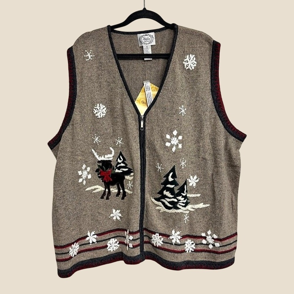 Stitches In Time New Size 3X Holiday Christmas Embroidered Vest Tan Wool Blend